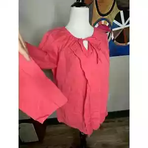 Loft Womens Top Pink Long Sleeved Peasant Shirt Blouse Tie Neck Salmon - Picture 1 of 8