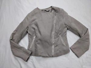 Boohoo Womens Petite Size 6P Gray Faux Suede Leather Biker Jacket Zip - Picture 1 of 15