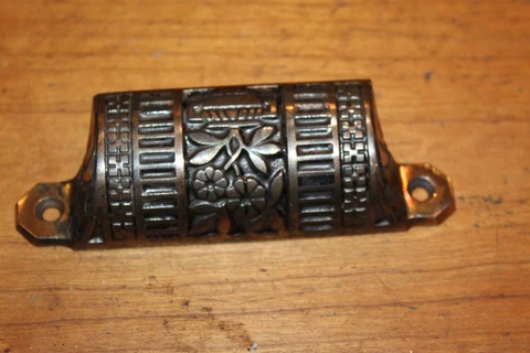 Antique Brass Plated Cast Iron Detailed Bin Apothecary Cupboard Drawer Pull L-59 Cover