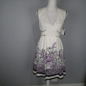 Anna Sui Dress 100% Silk Floral white Purple Sz 4 sleevelss v neck - Picture 1 of 12