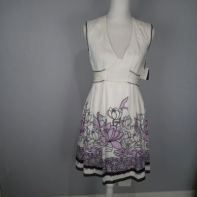 Vestido Anna Sui 100% Seda Floral Blanco Púrpura Talla 4 Mangas Cuello en V  Foto 1 de 4