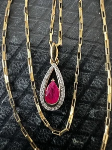 Vintage 9K Gold Ruby & Diamond Teardrop Pendant London 1987 Hallmark Chain 2.2g - Picture 1 of 16