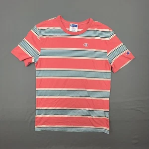 Champion Shirt Men S Coral Blue White Stripe Logo Tee Skater Retro Style - Picture 1 of 6