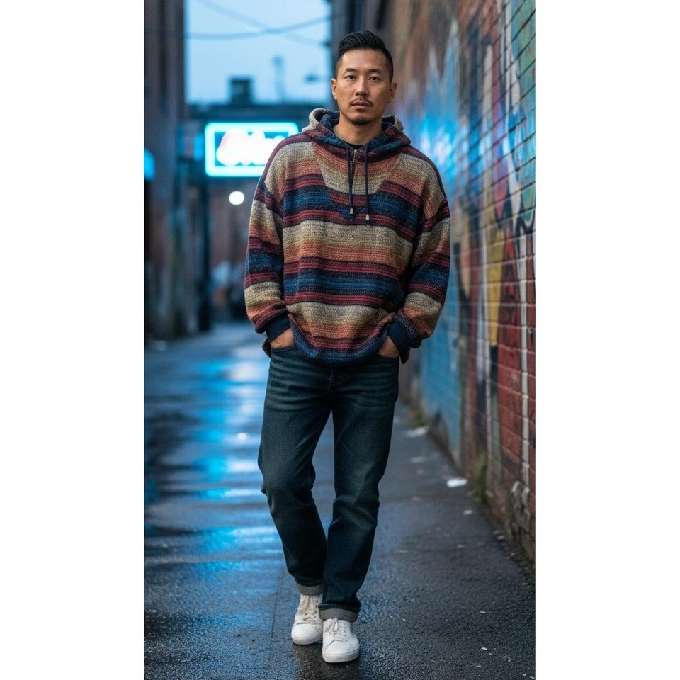 Suéter con Capucha Express Para Hombre Talla M Suroeste Vintage Y2K Rayas Acrílico Foto 1 de 4