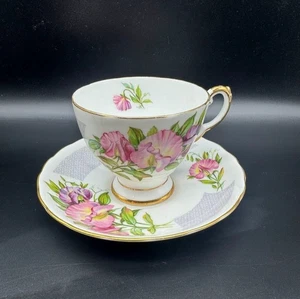 Vintage Tuscan April Birthday Flowers Sweet Pea Teacup Saucer Fine China England - Picture 1 of 6