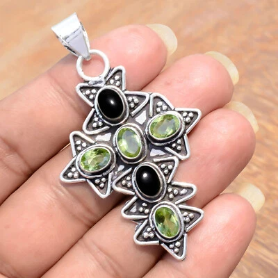 Faceted Peridot & Black Onyx Gemstone Cross  925 Sterling Silver Unique Pendant - Image 1 of 4