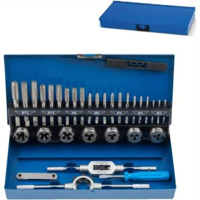 KIT FILIERA SET 32 PEZZI PER FILETTATURA MASCHI E FEMMINA M12 M10 M8 M6 M5 M4 M3 - Immagine 1 di 4