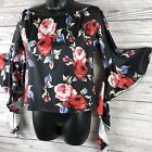 FancyQube womens size XL Black floral top Gypsy bell ruffle sleeves Blouse Shirt