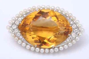 Citrine With White Pearl & Cubic Zirconia 925 Silver Women's Classic Brooch Pin - Picture 1 of 3