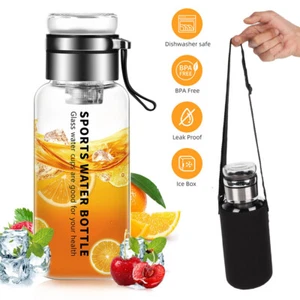 1000ML Glass Water Bottle Clear Juice Milk Tea Cup Sealing Lid W/Protective Case - Picture 1 of 13