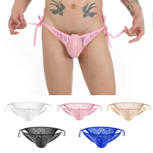 Men's Briefs Sexy Underwear Sissy Gay Transparent Floral Lace Thongs Underpants - Picture 1 of 17