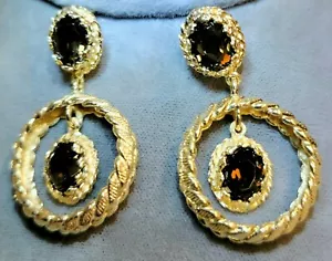Pair of 14K Yellow Gold Dangle Pierced Earrings set with Smokey Quartz Gems - Picture 1 of 7