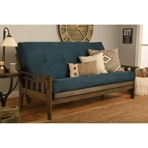 Full-size Rustic Walnut Futon Set with Suede Blue Mattress - Picture 1 of 5
