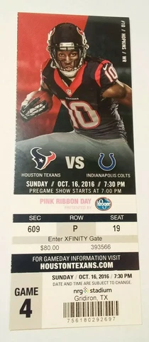 2016 Indianapolis Colts Houston Texans NFL Football Ticket Stub Cover