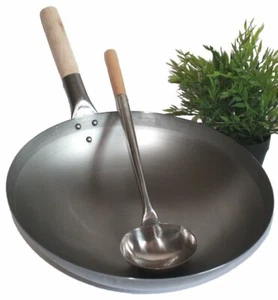 Wok SET Pfanne 40cm Ø runder Boden + Wok Kelle Edelstahl Gasherd Induktionsmulde - Bild 1 von 5