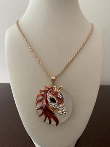 Betsey Johnson Horse Pendant Gold Necklace Enamel Crystals On White Round Base - Picture 1 of 10