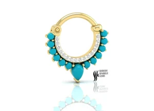 14k Turquoise Blue Septum Nose Ring Diamond Nose Ring Hoop Piercing - Picture 1 of 5
