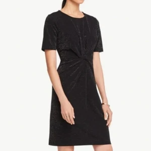 ANN TAYLOR BLACK SILVER SHIMMERING FRONT KNOT SHORT SLEEVES DRESS SIZE: LP NWT - Picture 1 of 4