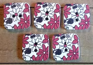 5 Floral Buttons Square Crafting Sewing Wood 2 Hole 1" - Picture 1 of 2