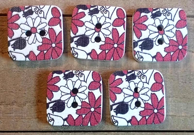5 Floral Sewing Buttons Crafting Square Wood 2 Hole 1"  - Image 1 of 2