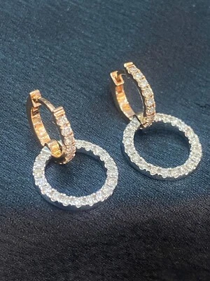 Pave 1.10 Cts Round Brilliant Cut Diamonds Double Hoop Drop Earrings In 14K Gold - Image 1 of 4