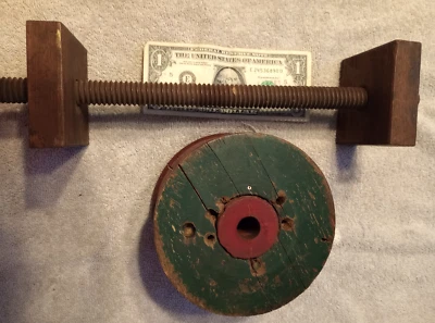 ANTIQUE Wood Bobbin Industrial Reel Spool FOLK ART Threaded Clamp Primitive Tool - Image 1 of 4