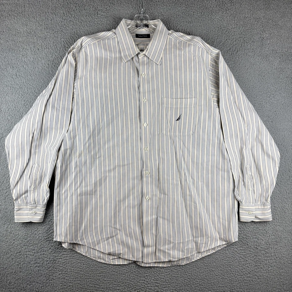 Рубашка Nautica Dress мужская XXL синяя желтая в полоску повседневная с длинным рукавом - Изображение 1 из 4
