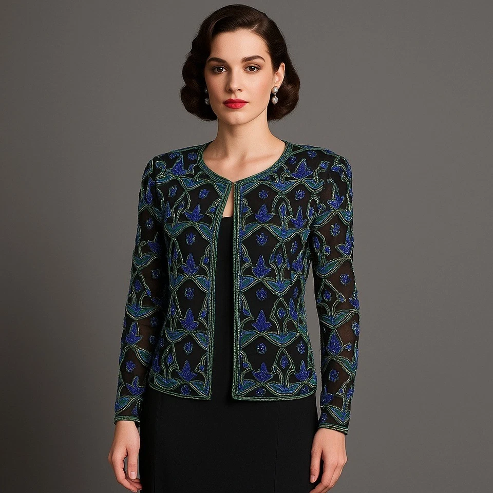 Chaqueta de Colección Laurence Kazar M Lentejuelas Cuentas Negra Azul Verde Noche Top Foto 1 de 4