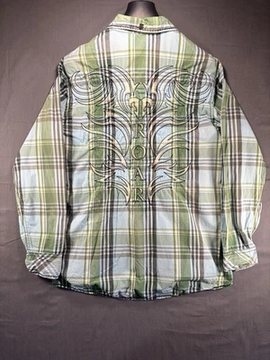 Y2K ROAR Signature Para Hombre XL Abotonado Verde Cuadros Estilo Aflicción Western Rock Foto 1 de 4