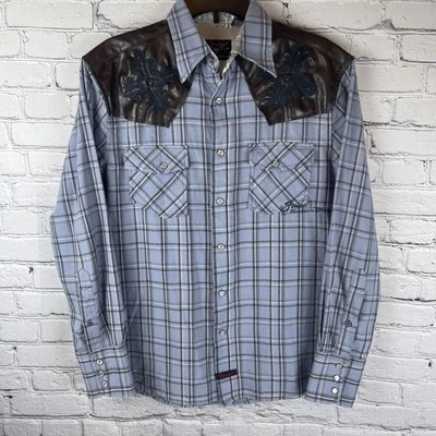 Camisa personalizada Fender para hombre pequeña azul LS perla parche de cuero bordado a presión Foto 1 de 4