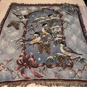 Vintage Winter Tapestry/Blanket Birds On Snow Covered Pine Tree With Pillow 5x4’ - Picture 1 of 9