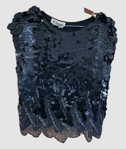 Vintage St. Honore Pailletten Hand Perlen Top Seide schwarz ärmellos Damen L gebraucht, in einwandfreiem Zustand  - Bild 1 von 11