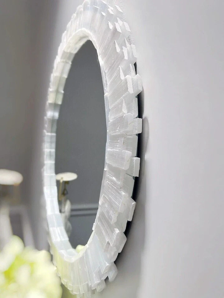 18" Selenite Stones Mirror | Selenite Wall Mirror | Handmade Gemstone Work - Image 1 of 4