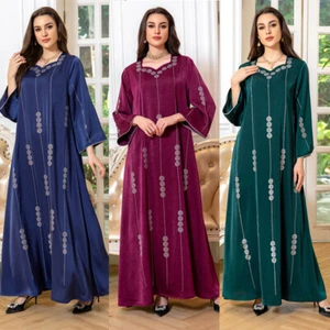 Dubai Muslim Long Maxi Dress Women Kaftan Turkey Islamic Robes Modest Dresses - Picture 1 of 75