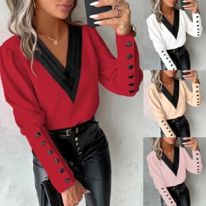 Womens Long Sleeve V Neck T Shirt Tops Ladies Casual Slim Fit Blouse Size 6-14 - Picture 1 of 13