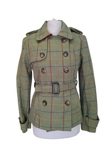 Chaqueta de tweed de lana UK 8 WELLIGOGS. Doble pecho a cuadros verdes, con cinturón - Imagen 1 de 8