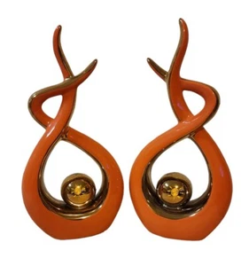 Art Deco Inspired Pair Of Statues. Orange And Gold. Modern. Decor Set, Trendy! - Picture 1 of 9