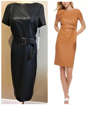 NWT CALVIN KLEIN Black Faux Leather Sheath Dress Belted Exposed Back Zip Size 10 - Image 1 of 4