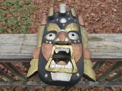 Ceremonial Mahakala Tíbet Nepal Latón Cobre "Plata" Madera Tallada Máscara Sculls Foto 1 de 4