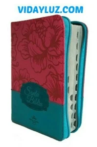 BIBLIA REINA VALERA 1960, COMPACTA con CIERRE e INDEX, DUTONO ROSA-AZUL - Picture 1 of 4