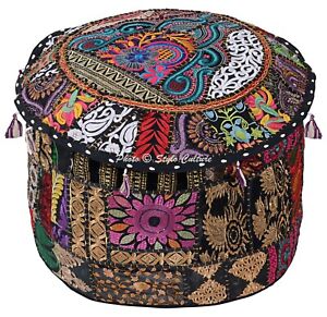 Cotton Bohemian Patchwork Poufs Black Foot Stool 22 in Embroidered Ottoman