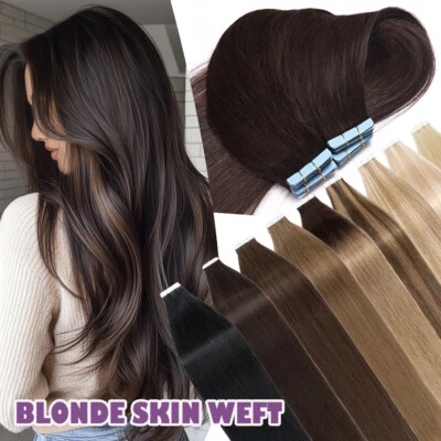 60PCS Tape in Human Hair Extensions Skin Weft Tape-on Real Thick Hair 12-24 inch - Image 1 of 4