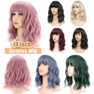 Wave Bob Wigs With Bangs Shoulder Length Women Curly Wavy Synthetic Cosplay Wig - Picture 1 of 19