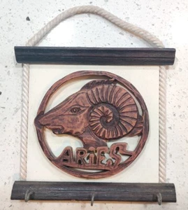 Horoscope Aries Carved Wooden Rustic Wall Decor Key Hanger Hook Holder Organizer - Picture 1 of 12