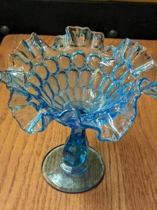 Plato pedestal con volantes con huella pulgar de vidrio artístico vintage azul colonial - Imagen 1 de 6