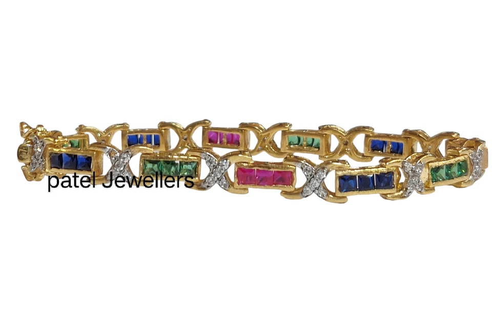 14K Gelbgold Plattiert Simulierte Rubin Saphir, Smaragd & Diamant Tennisarmband - Bild 1 von 4