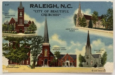 Raleigh North Carolina Vintage Linen Postcard - City Of Beautiful Churches - Image 1 of 2