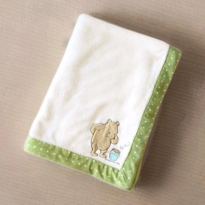 CLASSIC Winnie the Pooh Cream Green Polka Dot Trim Disney Plush Baby Blanket HTF - Image 1 of 4