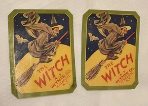 Etiqueta de murciélago luna voladora escoba bruja de Halloween de colección, AF Weymer Co. - Imagen 1 de 2