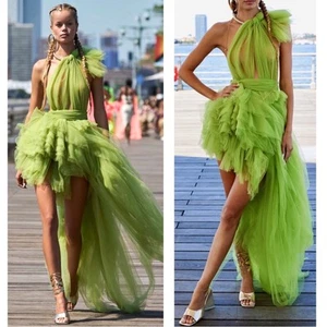 Bronx and Banco Taraji One Shoulder Tulle Tiered High Low Maxi Green Gown Gr. XS - Bild 1 von 15
